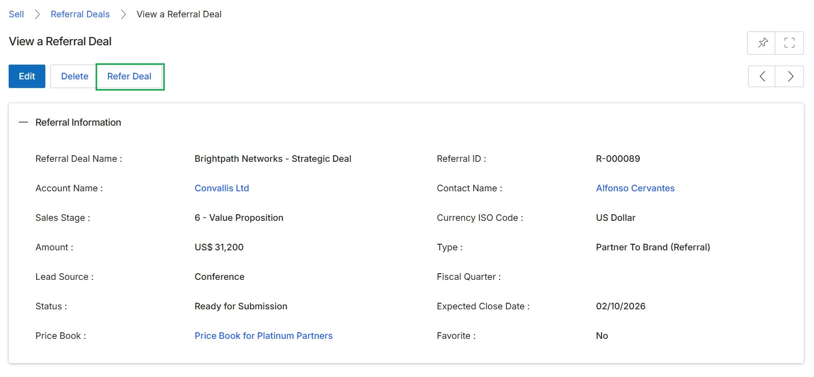 Referral Deal details page with Refer Deal button highlighted
