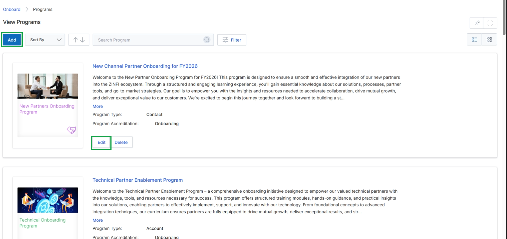 View Programs list with Add and Edit buttons highlighted