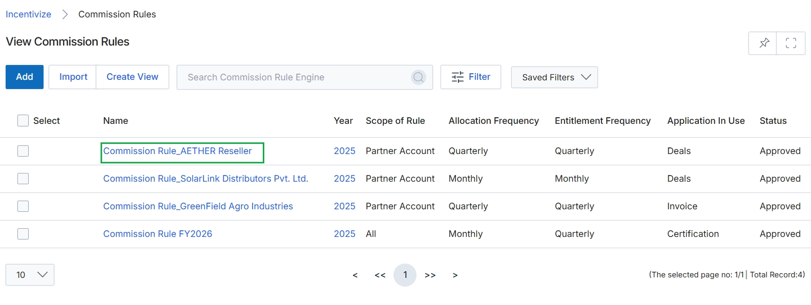 View Commission Rules list page