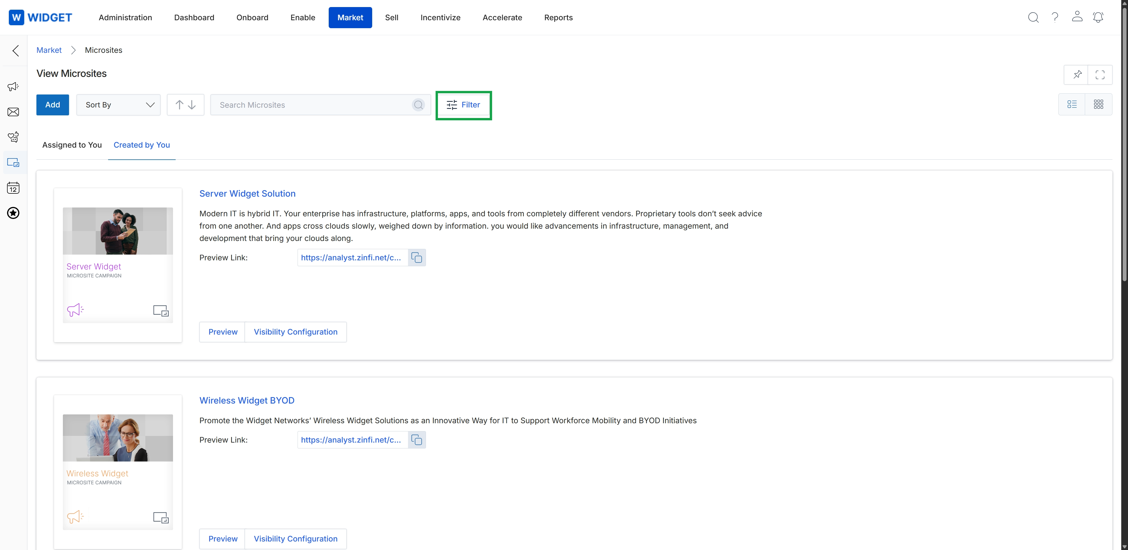 Microsites list view with Filter button highlighted