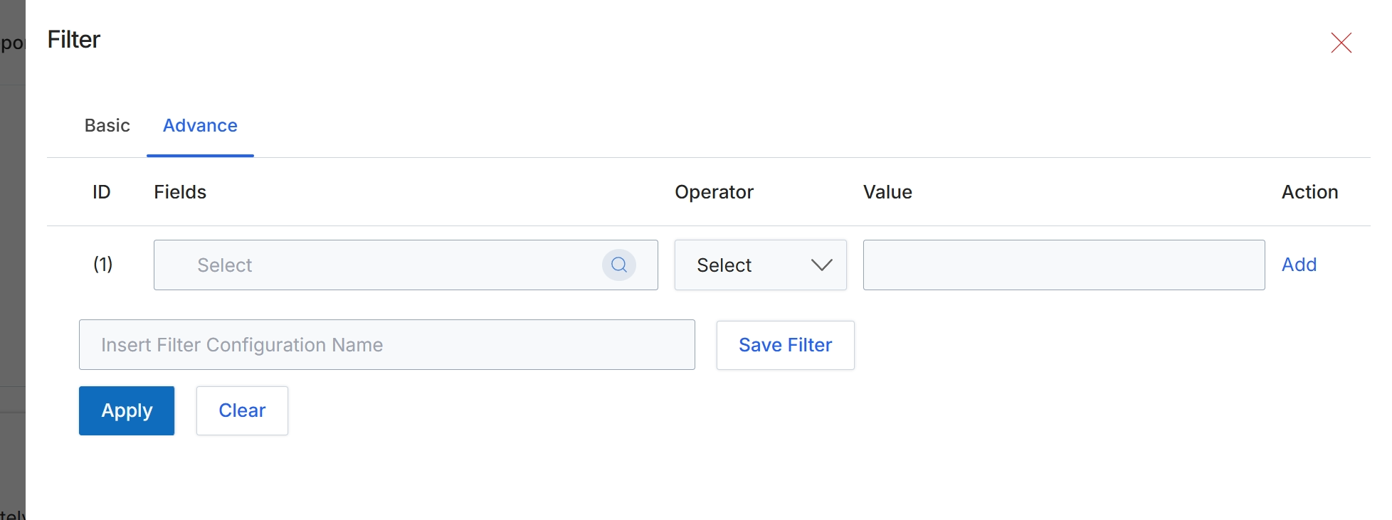 Advanced Filter options dialog