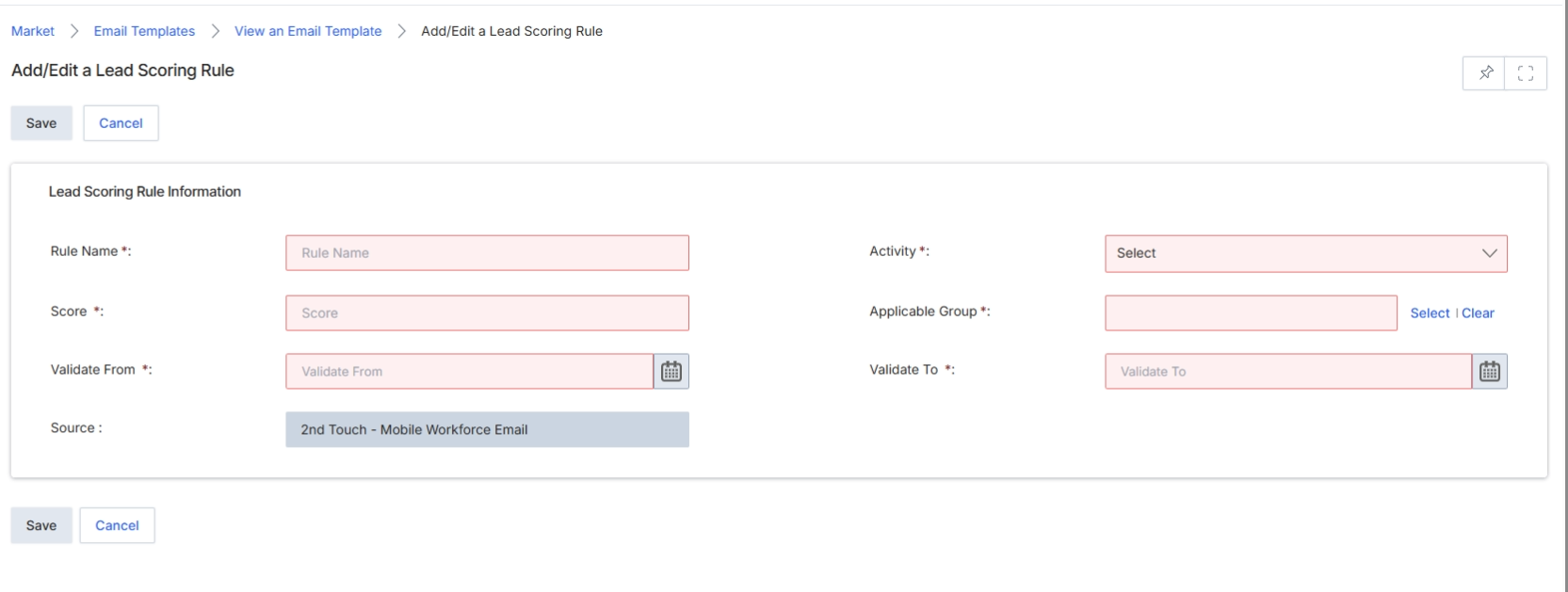 This screen, 'Add/Edit a Lead Scoring Rule,' allows administrators to define or modify rules that contribute to a prospect's lead score based on their engagement with email campaigns. Lead scoring is a critical component of the 'Sell' module, where it helps qualify prospects and prioritize follow-up actions for partners. These rules can be tied to specific activities within an email, such as opening an email or clicking a link, and are assigned a score value that accumulates as prospects interact with marketing content. The rules are time-bound, ensuring that engagement data is relevant to current campaigns and strategies. By configuring these rules, vendors can automatically assess the readiness of prospects, enabling partners to focus on the most engaged and promising leads.
