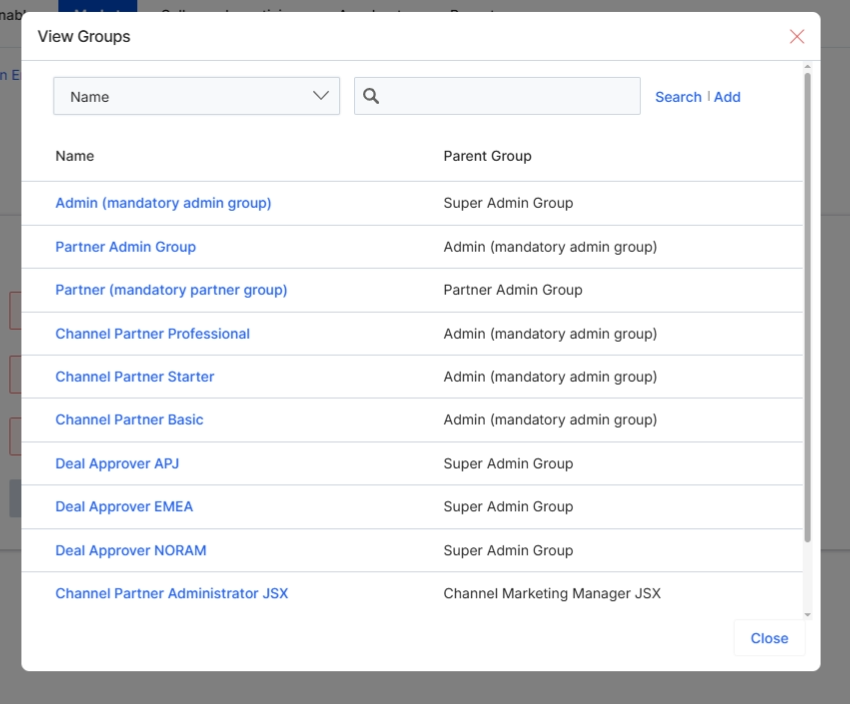 This screen displays the 'View Groups' modal, which allows users to select an applicable group for a lead scoring rule. Lead scoring rules, configured within the Market module, help automate the qualification of prospects and leads based on their engagement and demographic data. By associating a scoring rule with a specific group, administrators can ensure that the rule applies only to partners or users within that designated group, enabling granular control over lead qualification processes and aligning scoring with different partner types, tiers, or internal administrative structures. This modal provides a searchable list of all defined groups within the UPM system, including administrative and partner-related groups, facilitating the selection of the appropriate target audience for the scoring rule.
