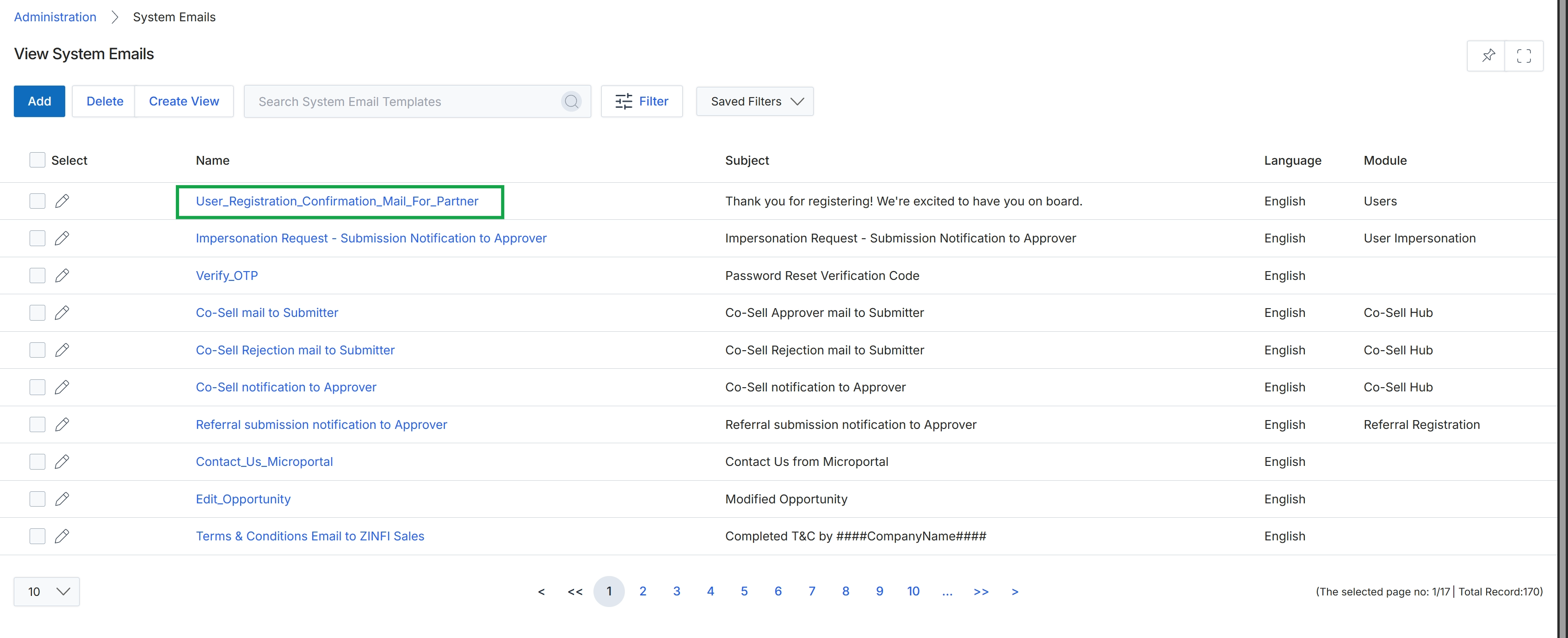 System Email Templates list view