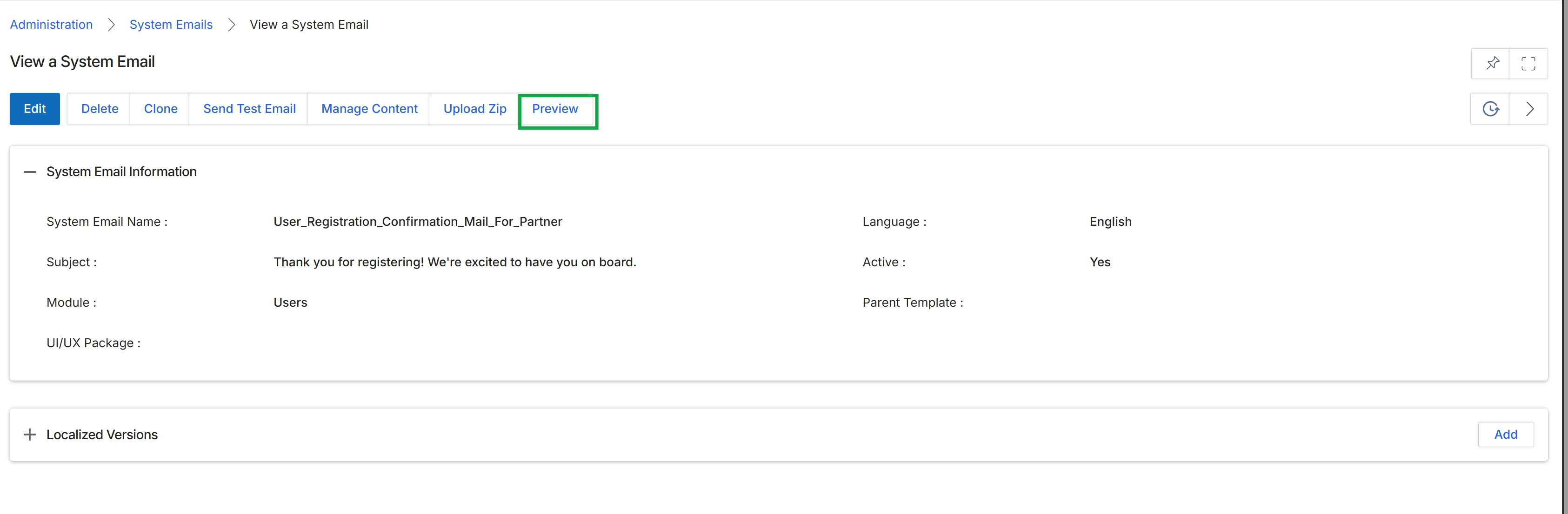 System Email Information page