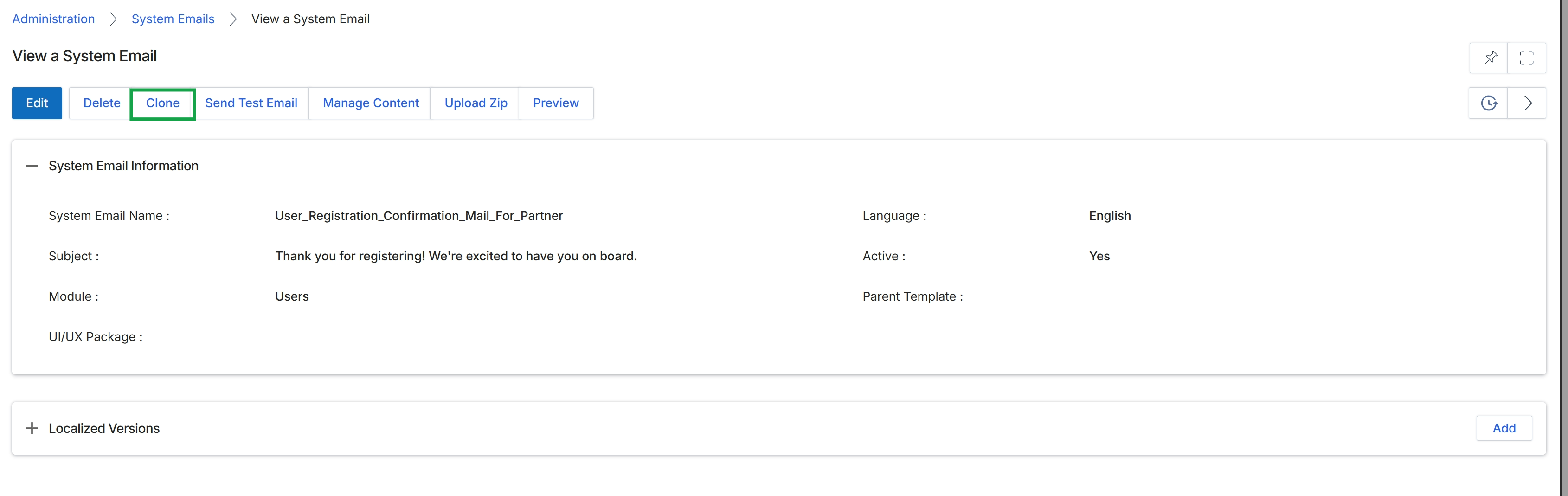View a System Email page with Clone button highlighted