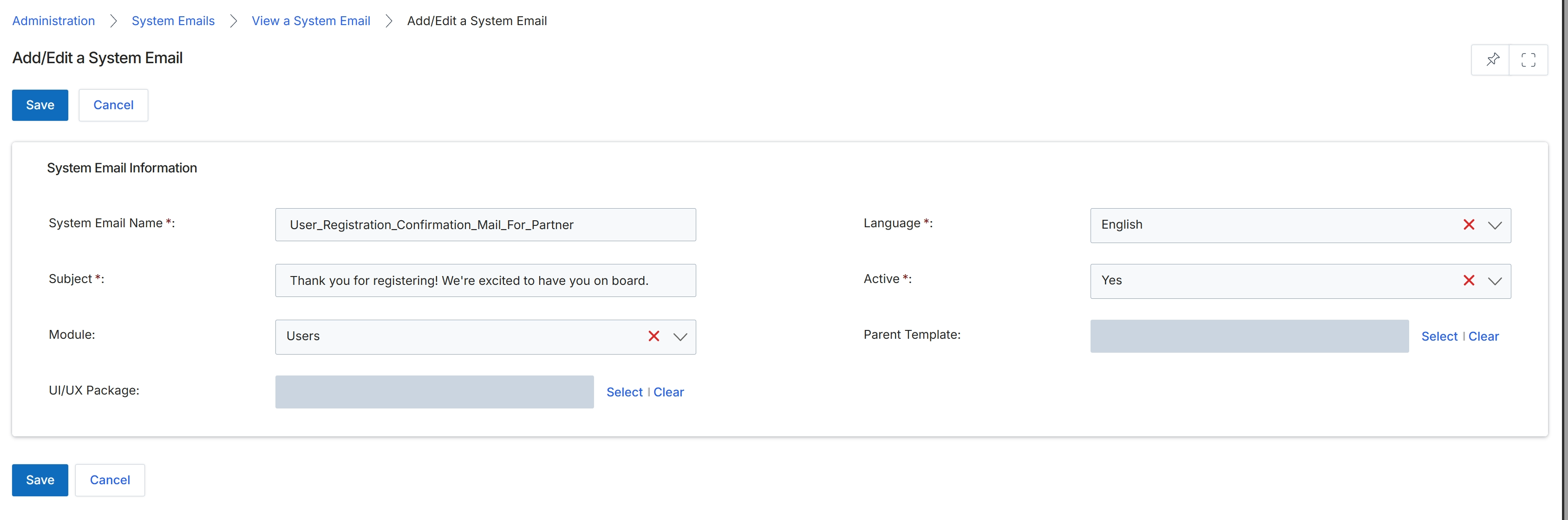 Add/Edit a System Email form