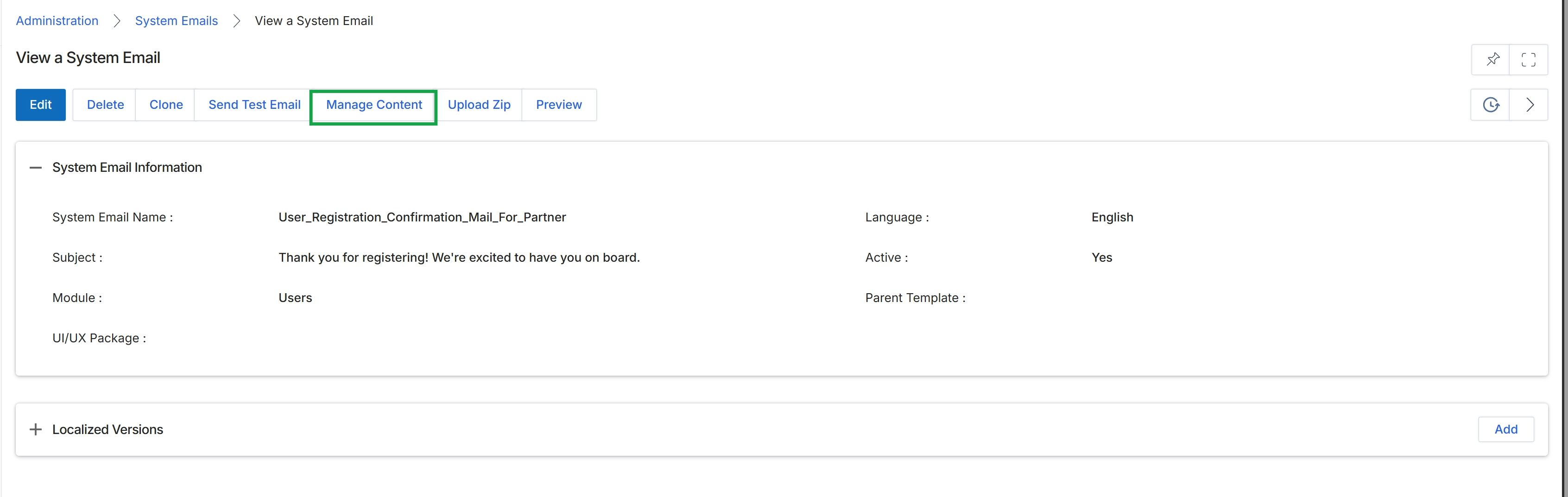 System Email details page
