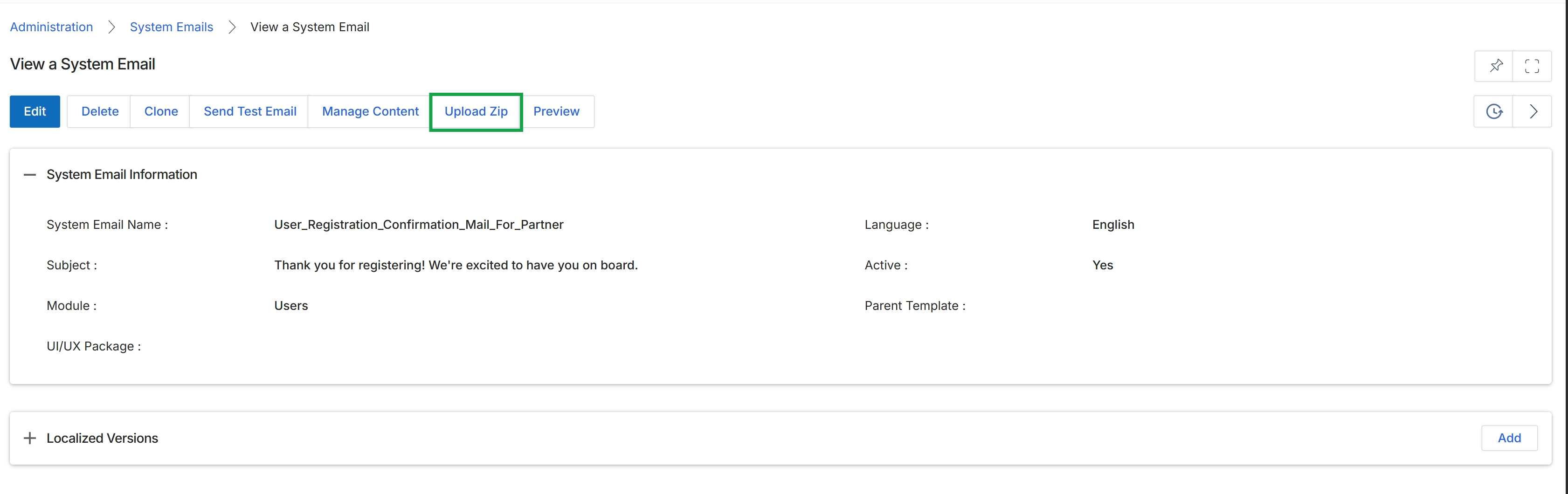 View a System Email page
