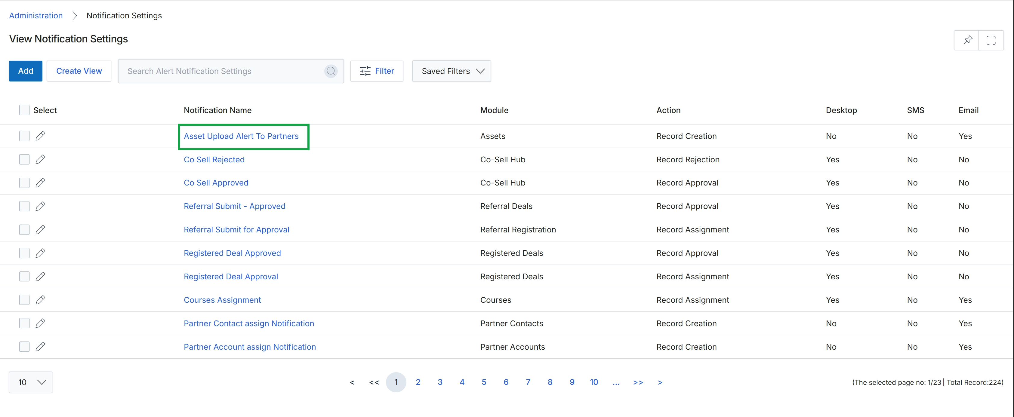 Notification Settings list view
