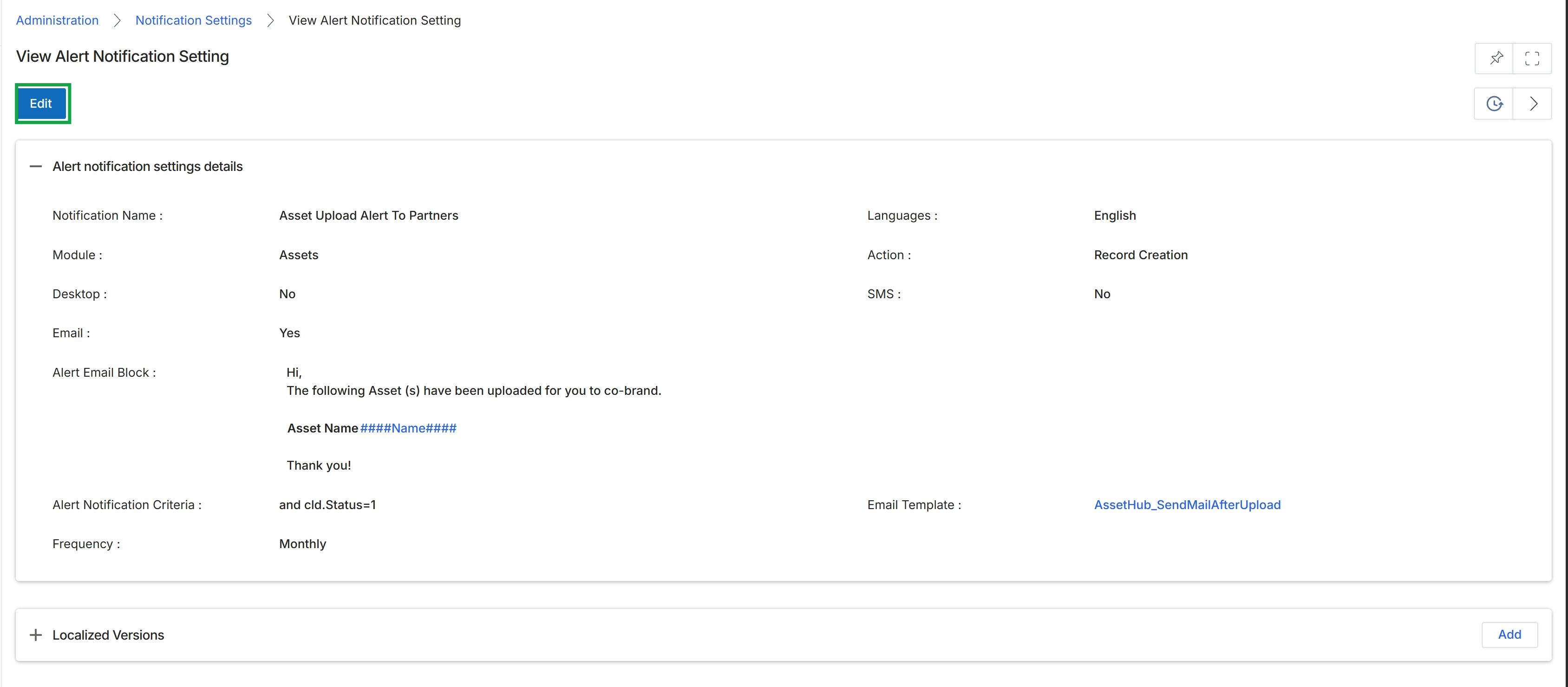 View Alert Notification Setting page