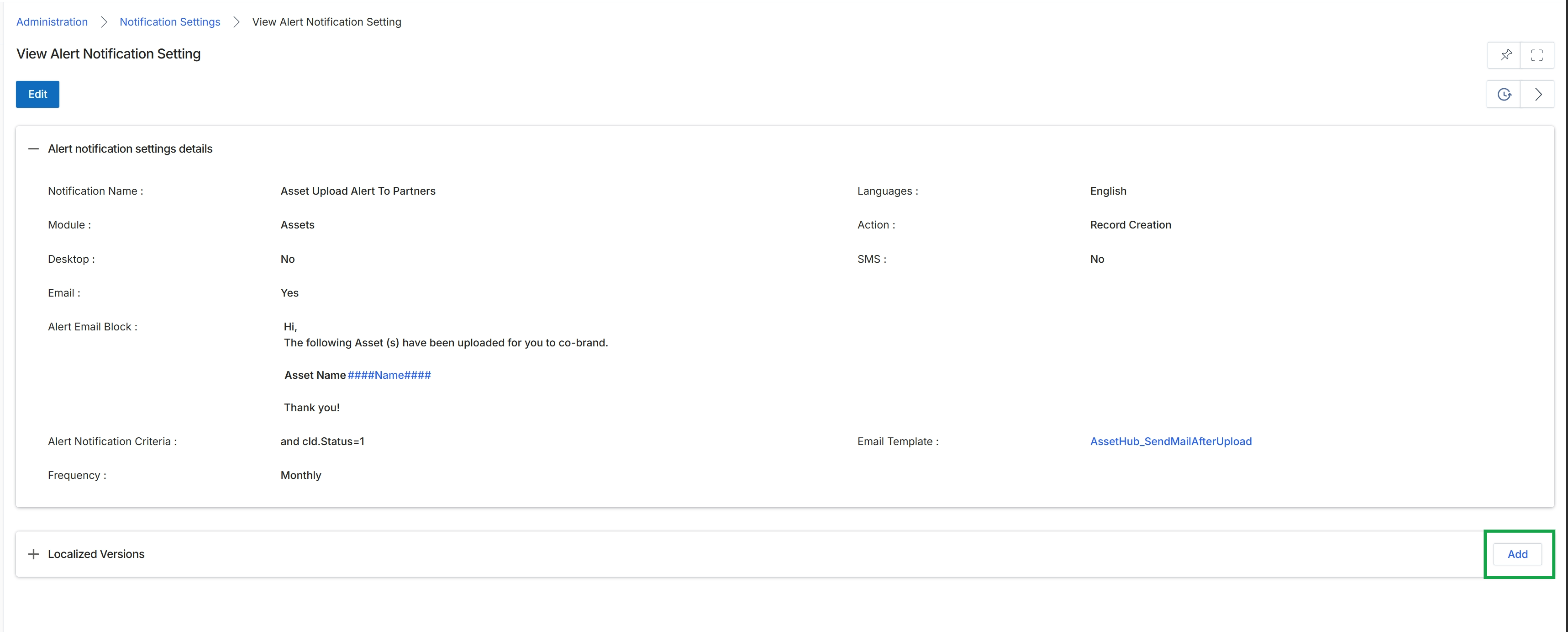 View Alert Notification Setting page