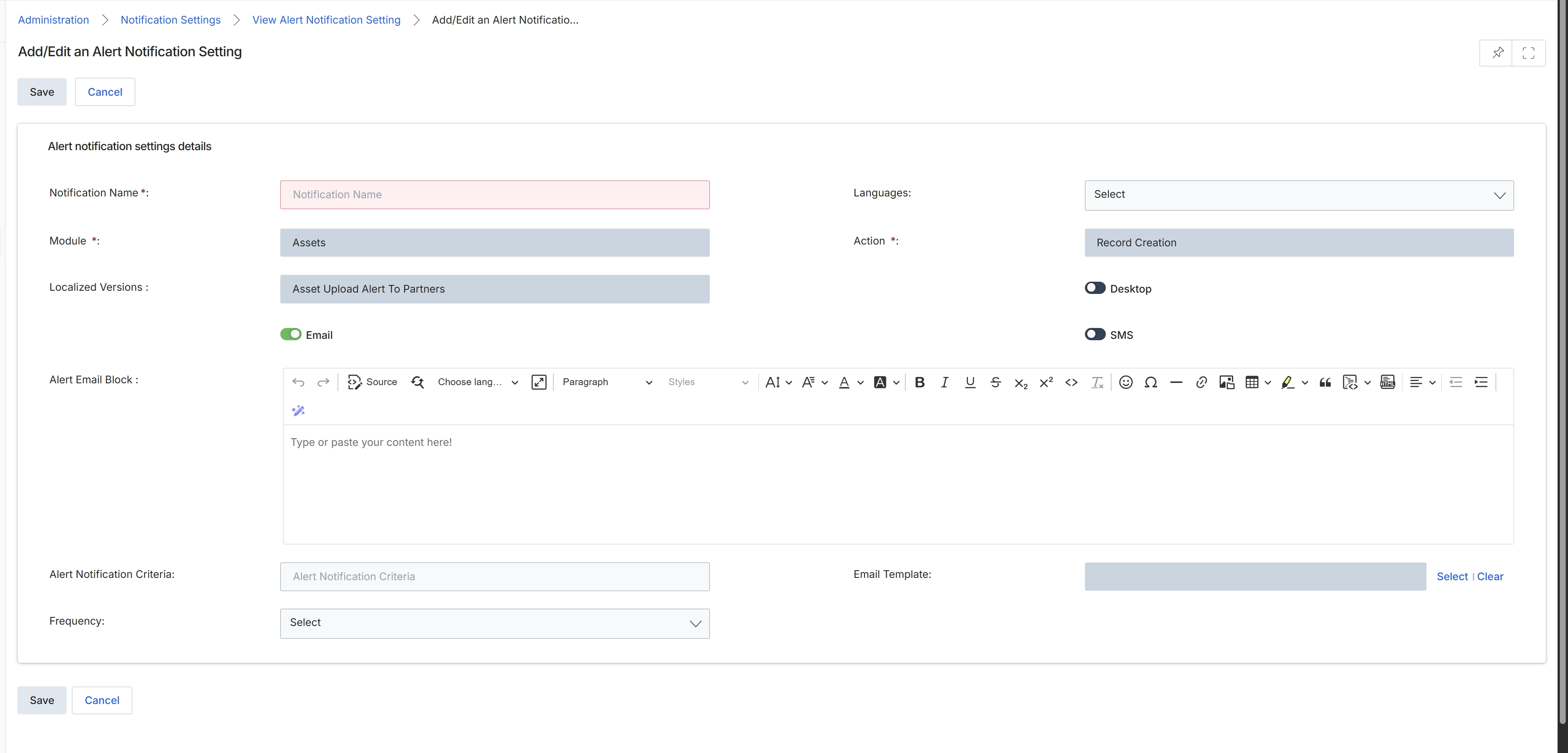 Add/Edit an Alert Notification Setting form