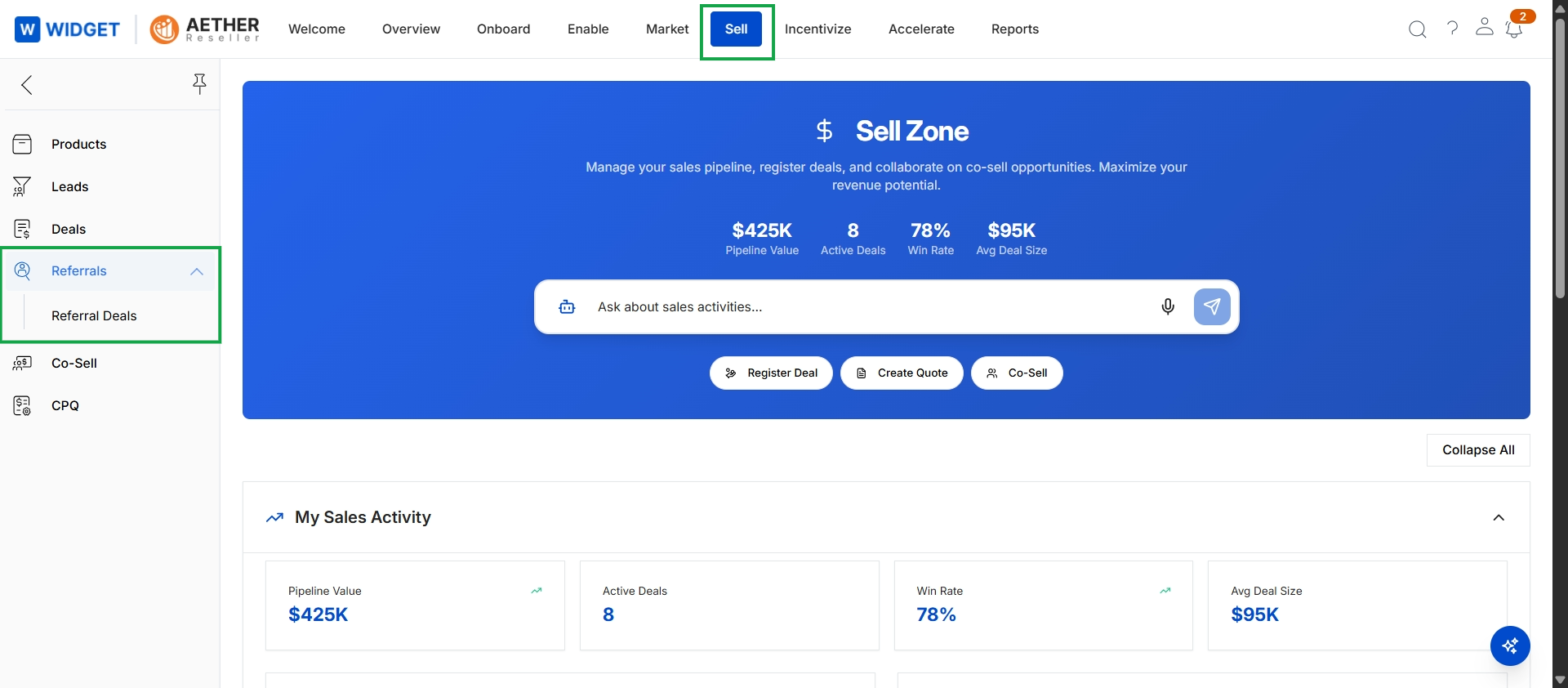 Sell Zone dashboard with Referrals menu expanded