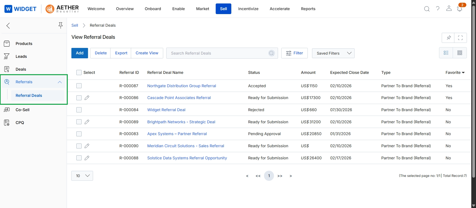 Referral Deals list view