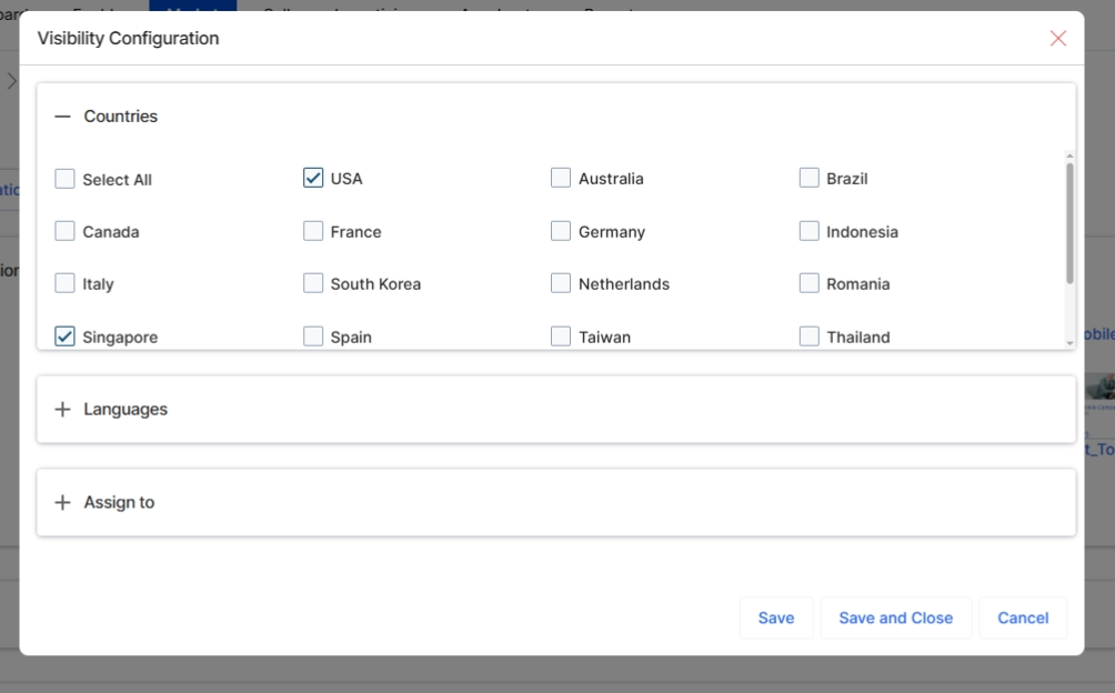This screen displays the 'Visibility Configuration' dialog, which allows vendors to define the geographic and linguistic availability of an email template. By specifying countries and languages, administrators can control which partners see and can use this particular email template in their marketing campaigns. This ensures that partners only access content relevant to their region and language, supporting localized marketing efforts and compliance with regional regulations. The configuration here directly impacts the partner-side experience within the Market module, ensuring content relevance and program governance.