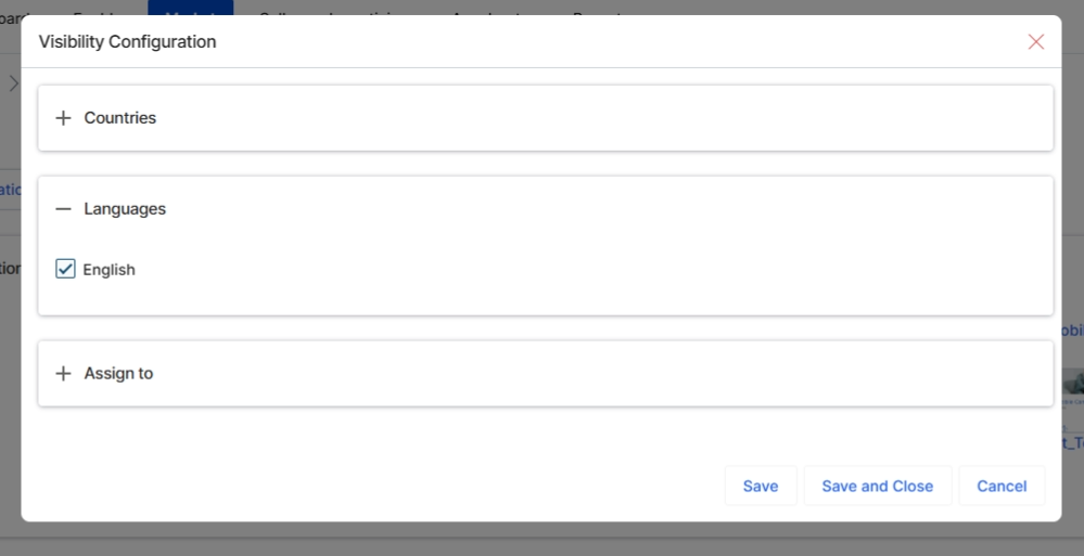 This screen displays the Visibility Configuration dialog for an email template, specifically showing the expanded "Languages" section. This configuration allows administrators to control which language versions of an email template are visible to partners. By selecting a language, the email template becomes available for partners operating in regions or targeting audiences associated with that language, ensuring that marketing communications are appropriately localized.