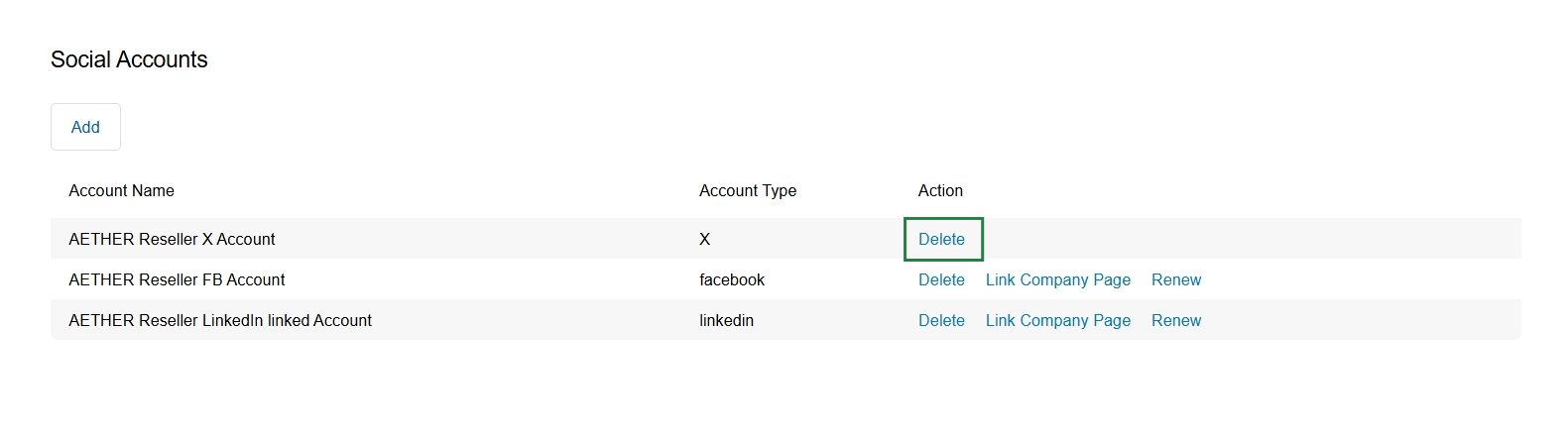 Social Accounts list view