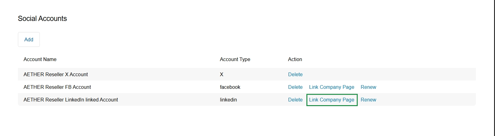 Social Accounts list view