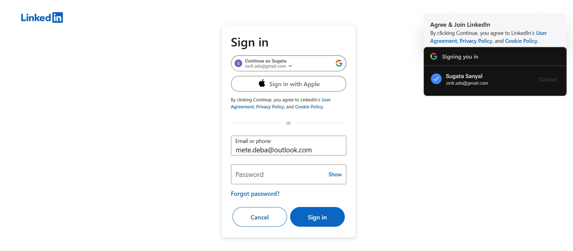 LinkedIn account sign-in interface