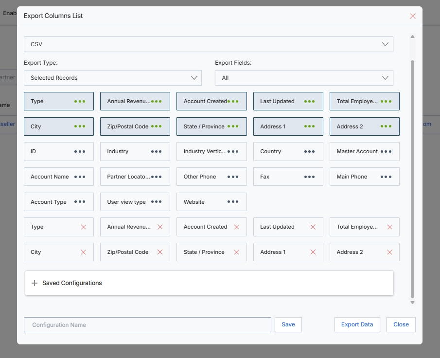 Export Columns List modal