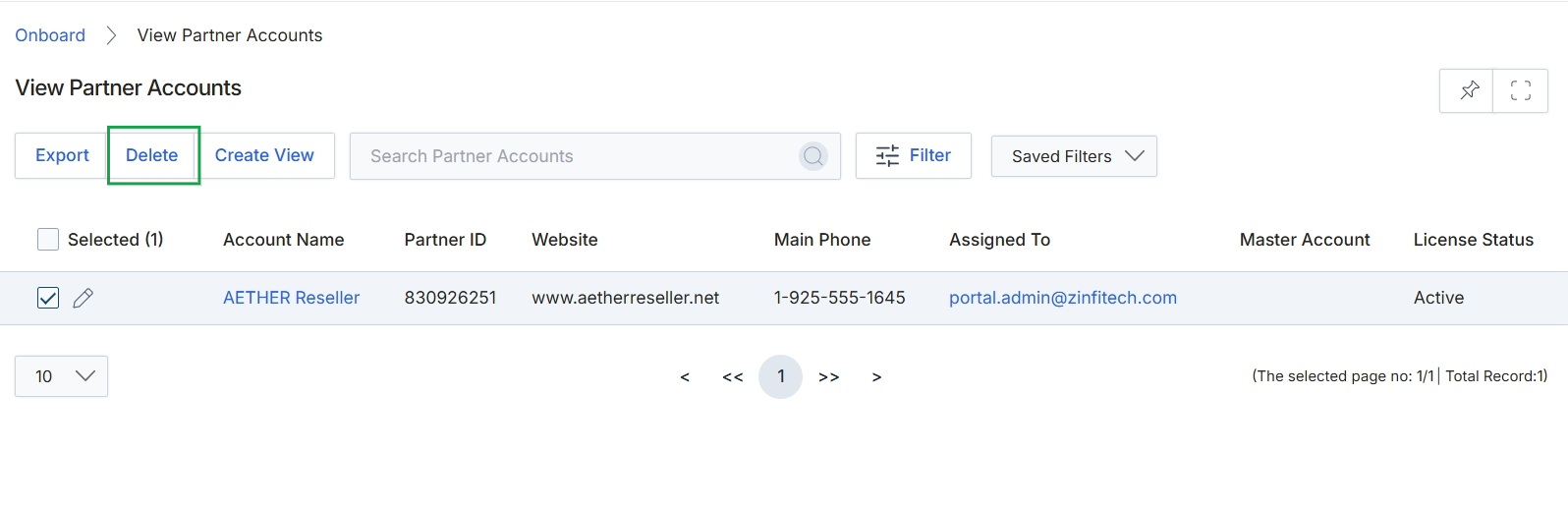 View Partner Accounts list page