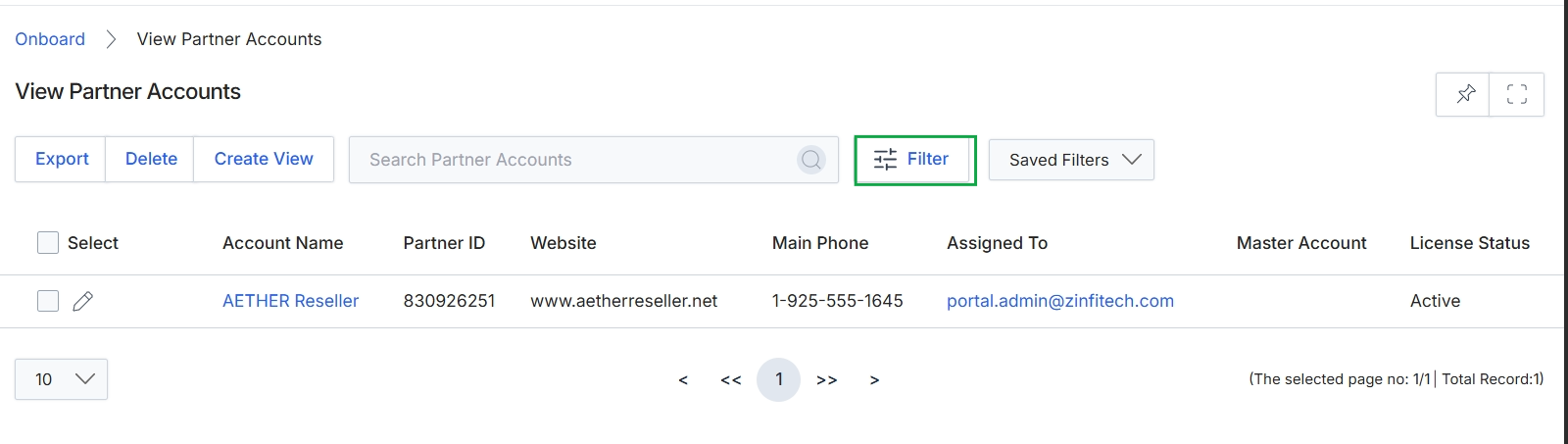 View Partner Accounts list page