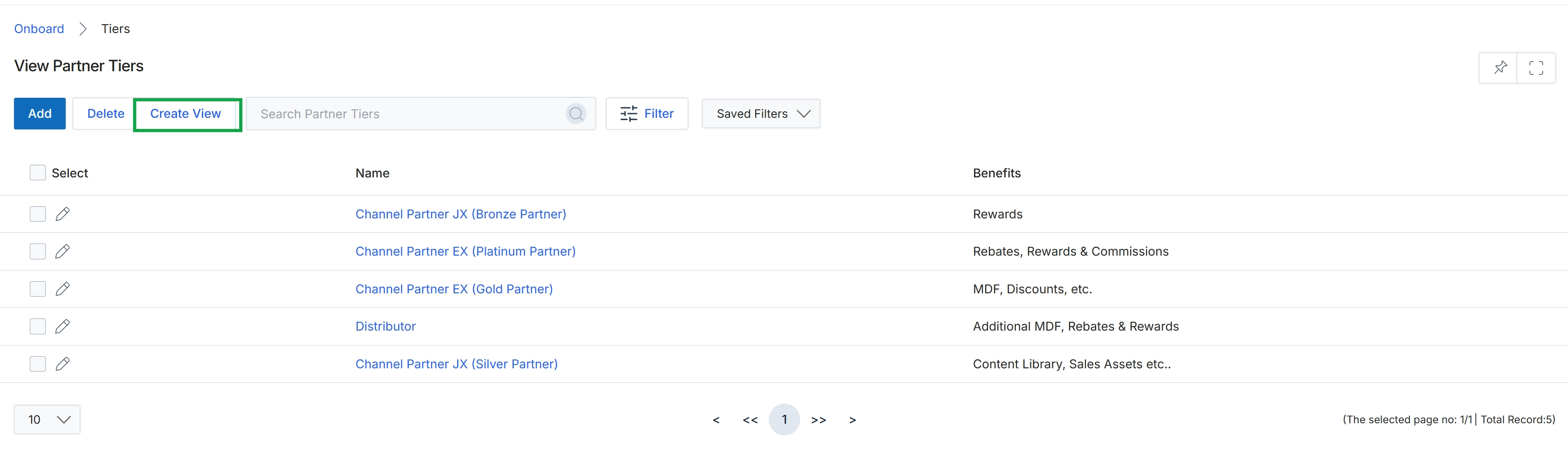 Tiers list view with Create View button highlighted
