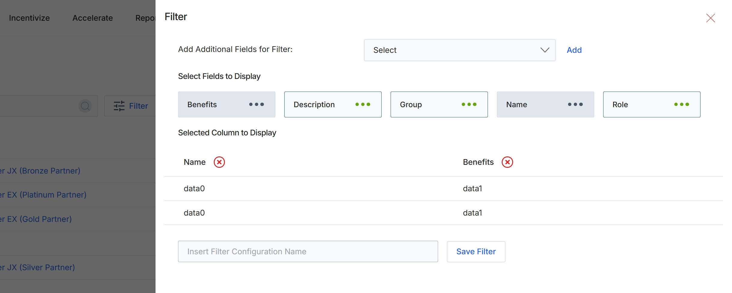 Filter configuration dialog for partner tiers