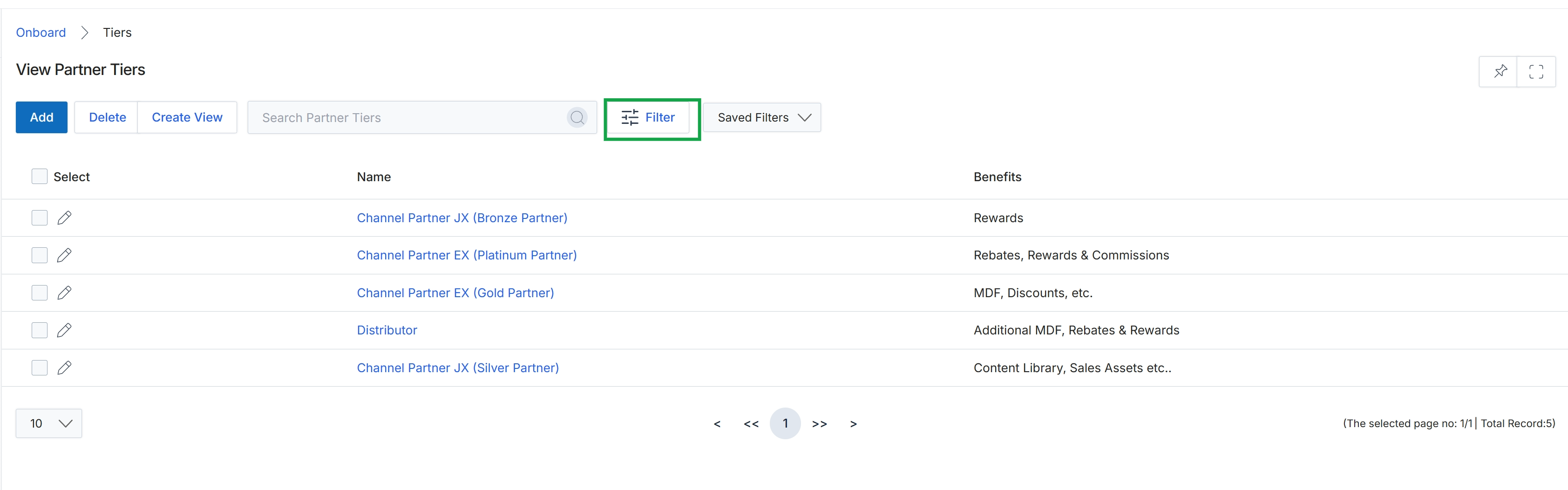 View Partner Tiers list page
