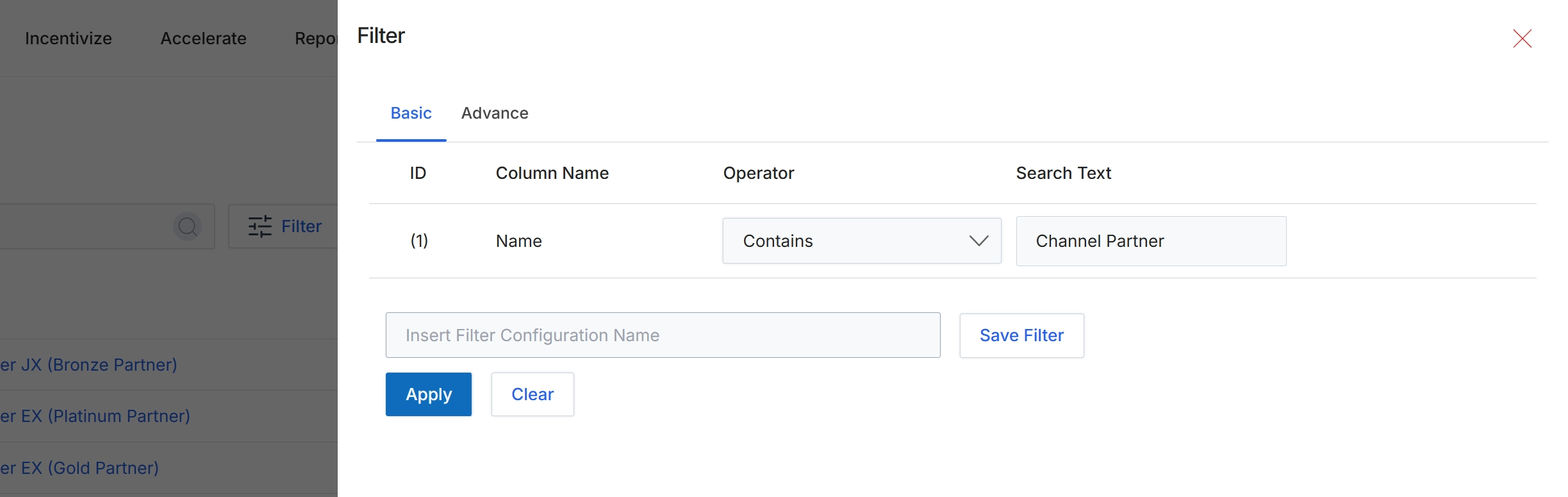 Filter configuration dialog