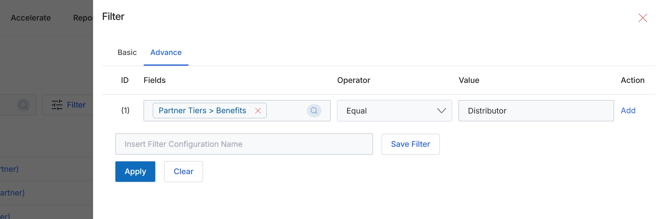 Advanced filter configuration dialog