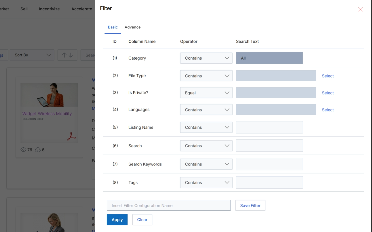 The Filter dialog provides a mechanism for users to refine the displayed list of content by applying various criteria. This feature is crucial for efficiently navigating large content libraries within the Enable module, allowing users to quickly locate specific assets or courses based on their attributes. The dialog supports both basic and advanced filtering options, enabling precise control over the content presented in the main view. Filters can be saved for future use, streamlining repetitive search tasks and enhancing user productivity.