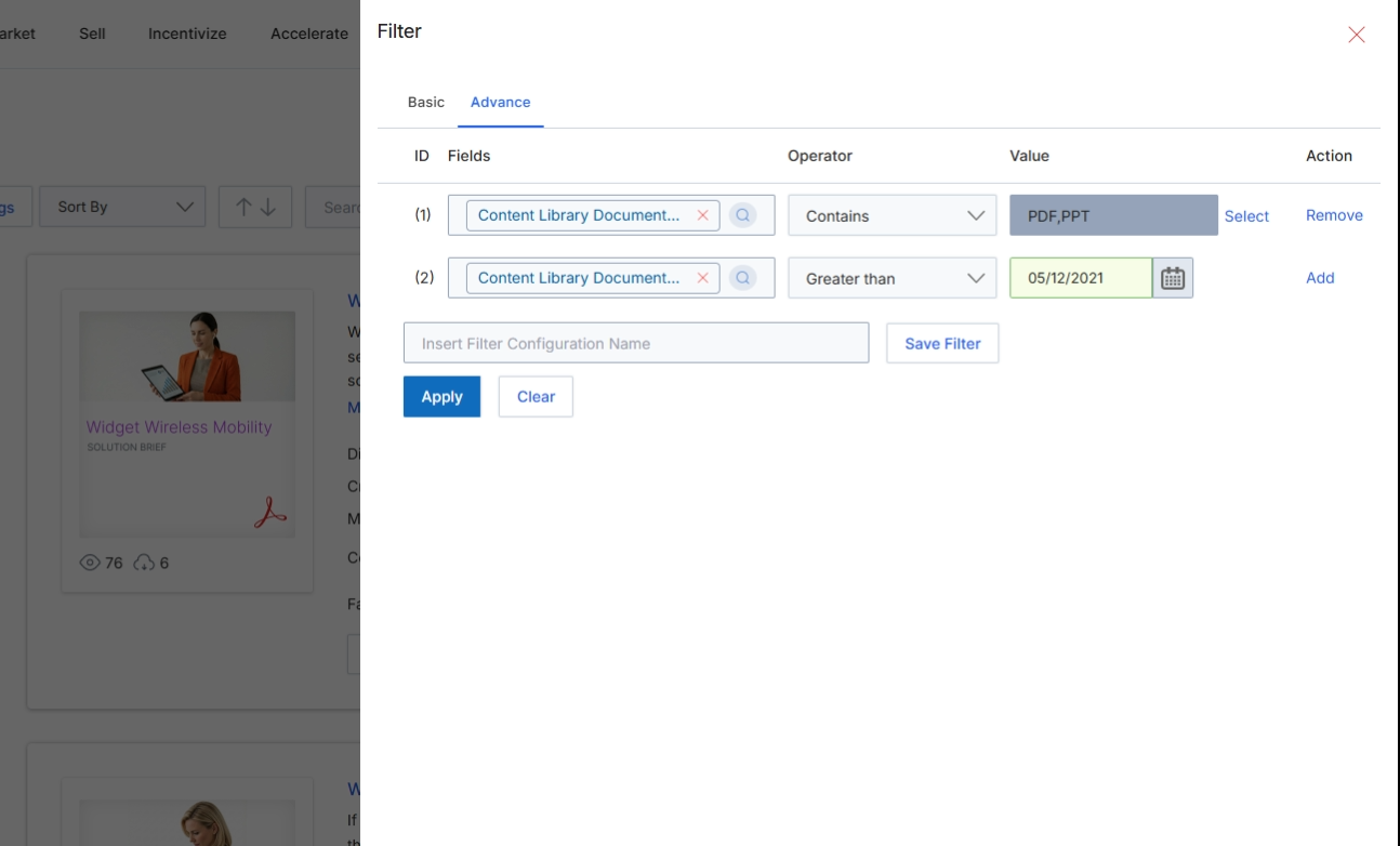 The Filter panel allows users to refine the displayed list of content listings by applying various criteria. This advanced view provides a more granular control over filtering conditions, enabling users to construct complex queries using multiple fields, operators, and values. This is particularly useful for administrators managing a large content library, allowing them to quickly locate specific assets based on detailed attributes like document type, creation date, or custom metadata. The ability to save filter configurations streamlines recurring search tasks and enhances content discoverability for both vendor and partner users.