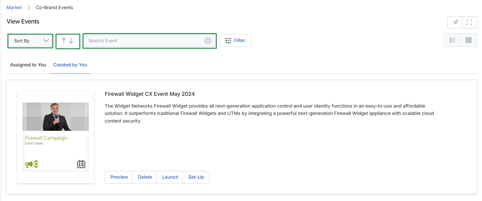 Co-brand events list with sorting and search