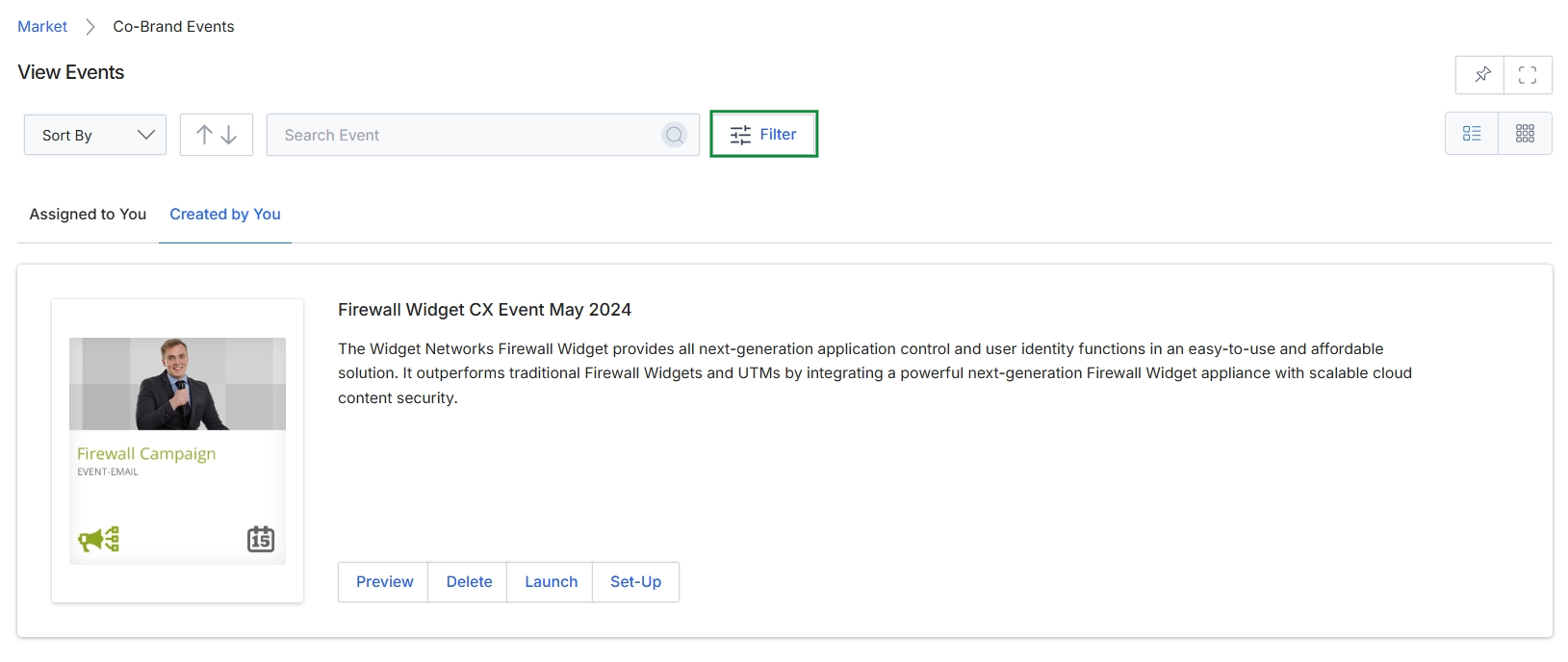 View Events page with Filter button highlighted