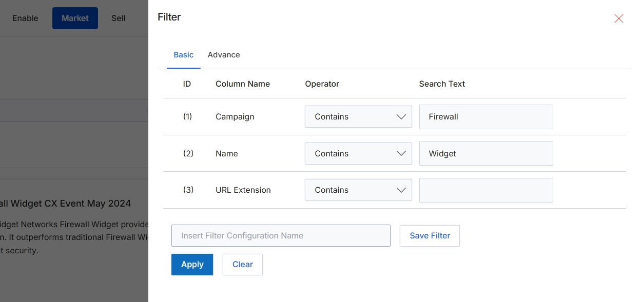Event filter panel