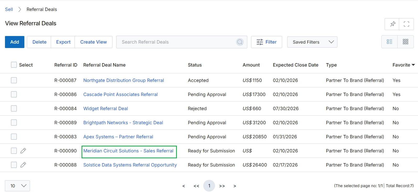Referral Deals list view