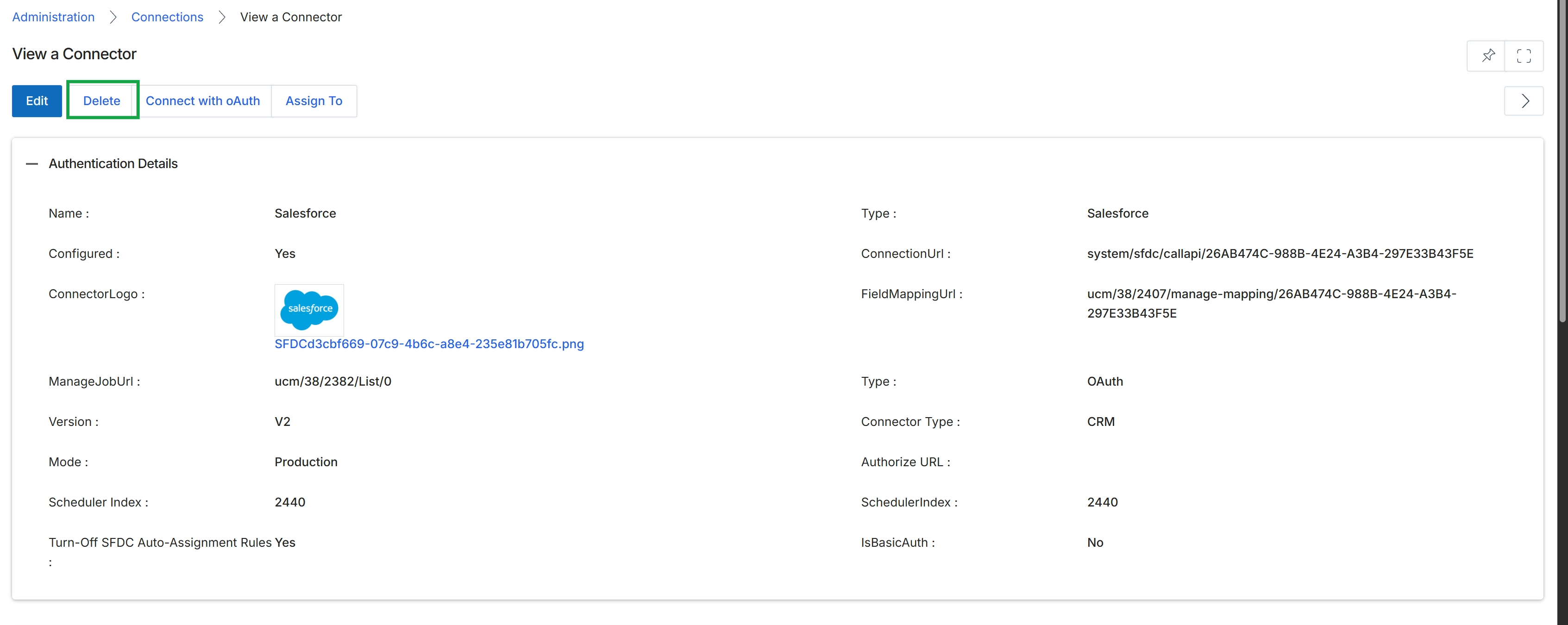 View a Connector page with Delete button highlighted