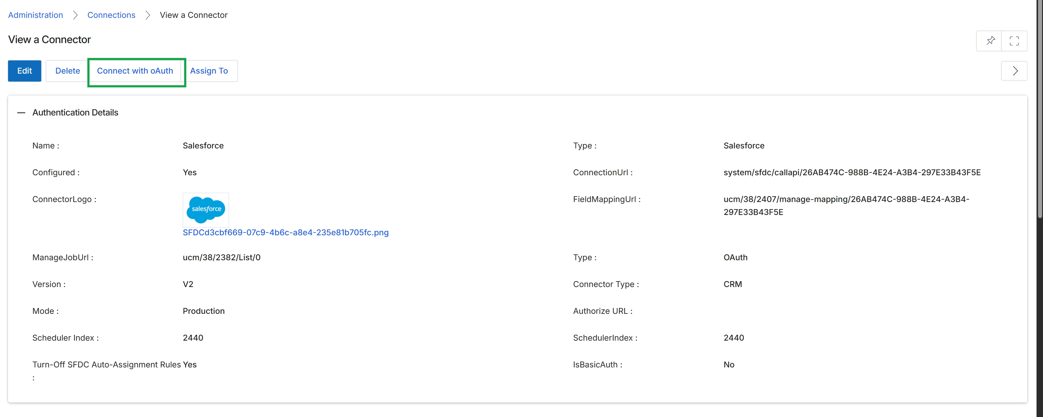 View Connector page with Connect with oAuth button highlighted