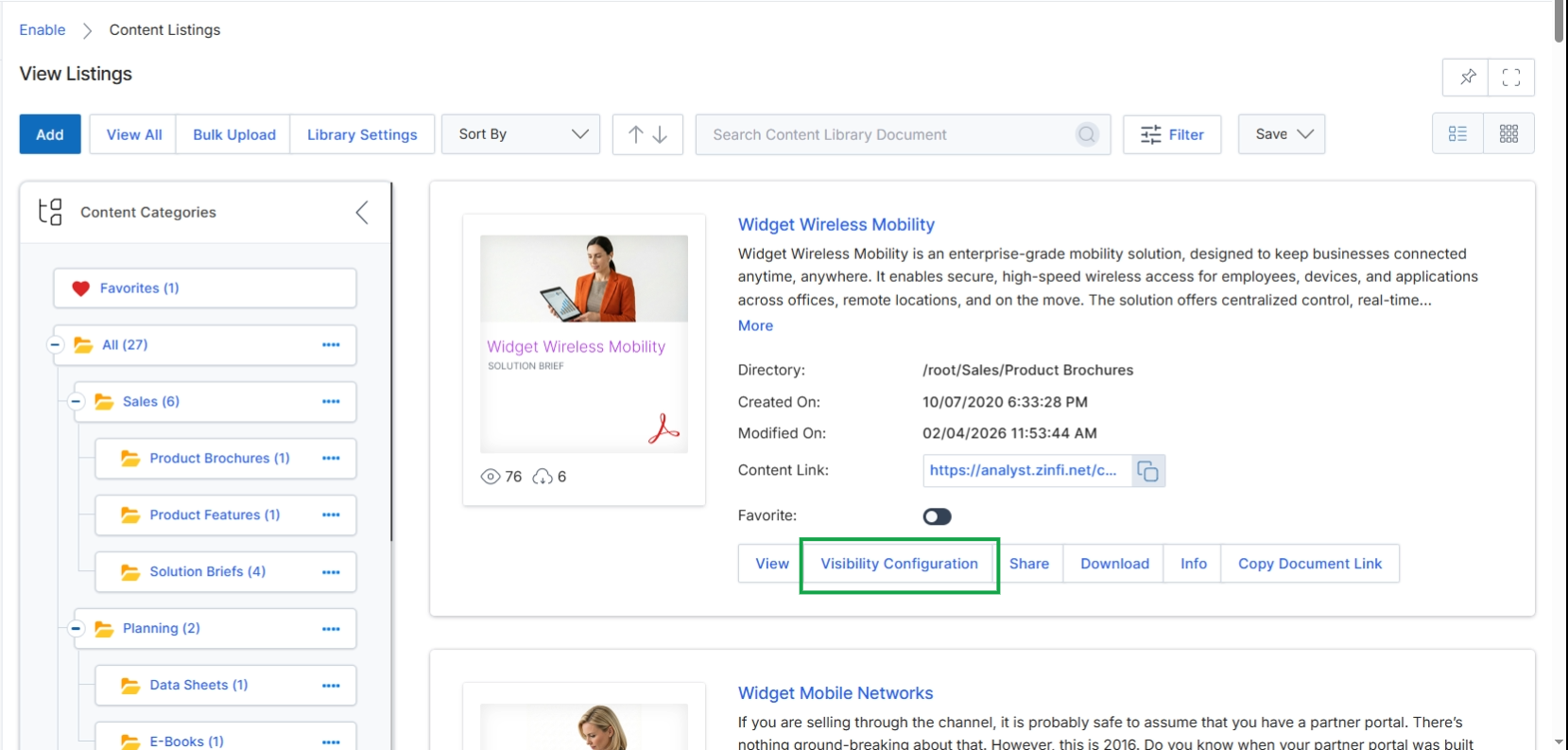 Click Visibility Configuration to manage the visibility settings for the selected content listing.