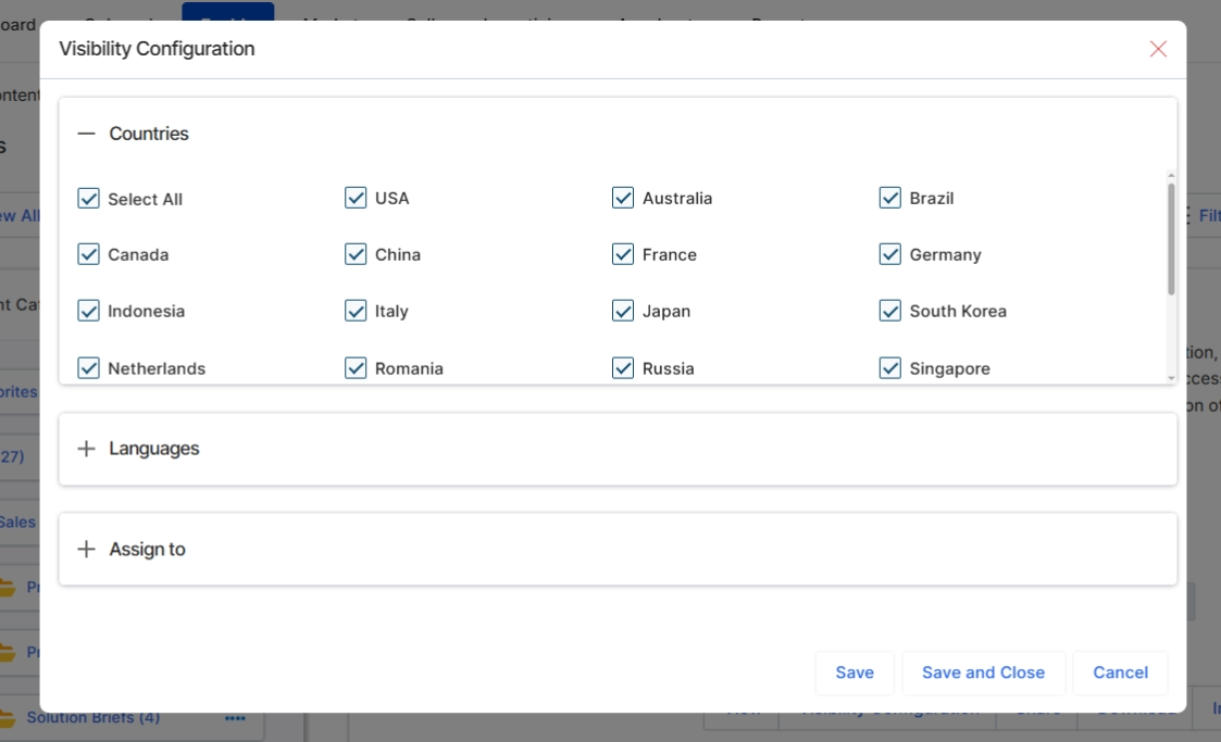 The Visibility Configuration dialog allows administrators to define which partners can access specific content library items, such as documents, videos, or learning modules. This granular control ensures that partners only see content relevant to their region, language, or assigned roles, supporting targeted enablement and preventing information overload. The dialog presents options to filter content visibility by geographical region (countries), language, and specific partner assignments, aligning with the module's purpose of providing tailored learning and content experiences. This configuration directly impacts the partner-side experience by controlling what appears in their content catalog and learning paths.