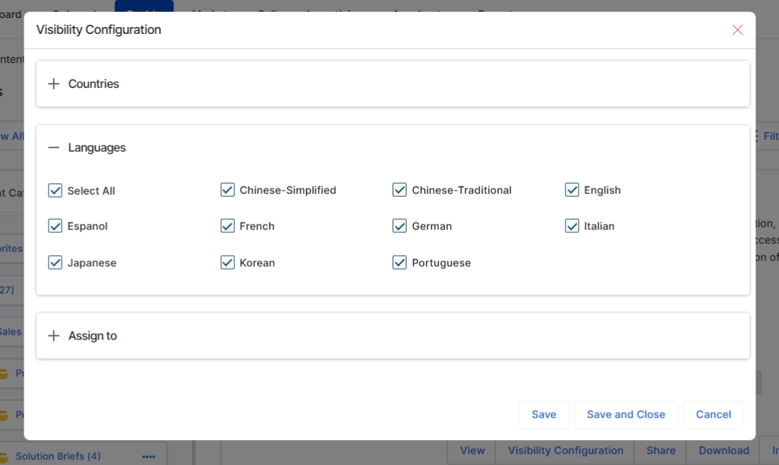 Expand the Languages section to configure language-specific visibility for the content.