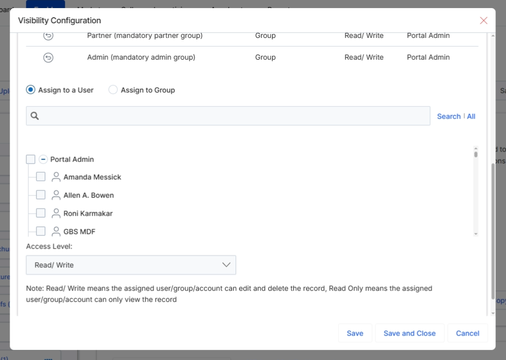 The view shows a history of content assignments, detailing which groups or users have been granted access, the type of assignment, their access level (Read/Write or Read Only), and who made the assignment. The updated view, triggered by selecting "Assign to a User," reveals a search bar and a list of individual users, enabling the administrator to select specific individuals for content assignment and define their access permissions.