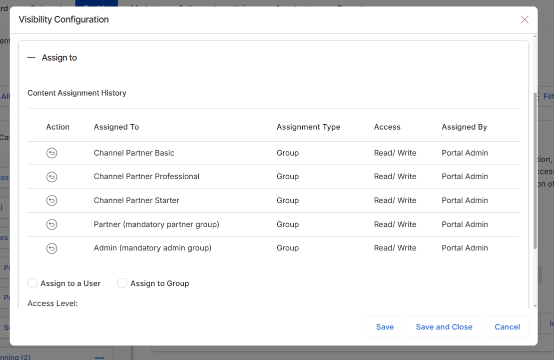 This screen displays the content assignment history for a specific asset within the Content Library. It provides a chronological record of which groups or users were assigned access to the content, the type of assignment (e.g., Group), the access level granted (e.g., Read/Write), and the administrator who performed the assignment. This history is crucial for auditing content visibility and understanding how access permissions have evolved over time, ensuring compliance and proper content governance.