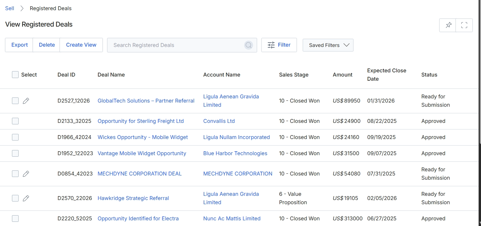 Registered Deals listing table