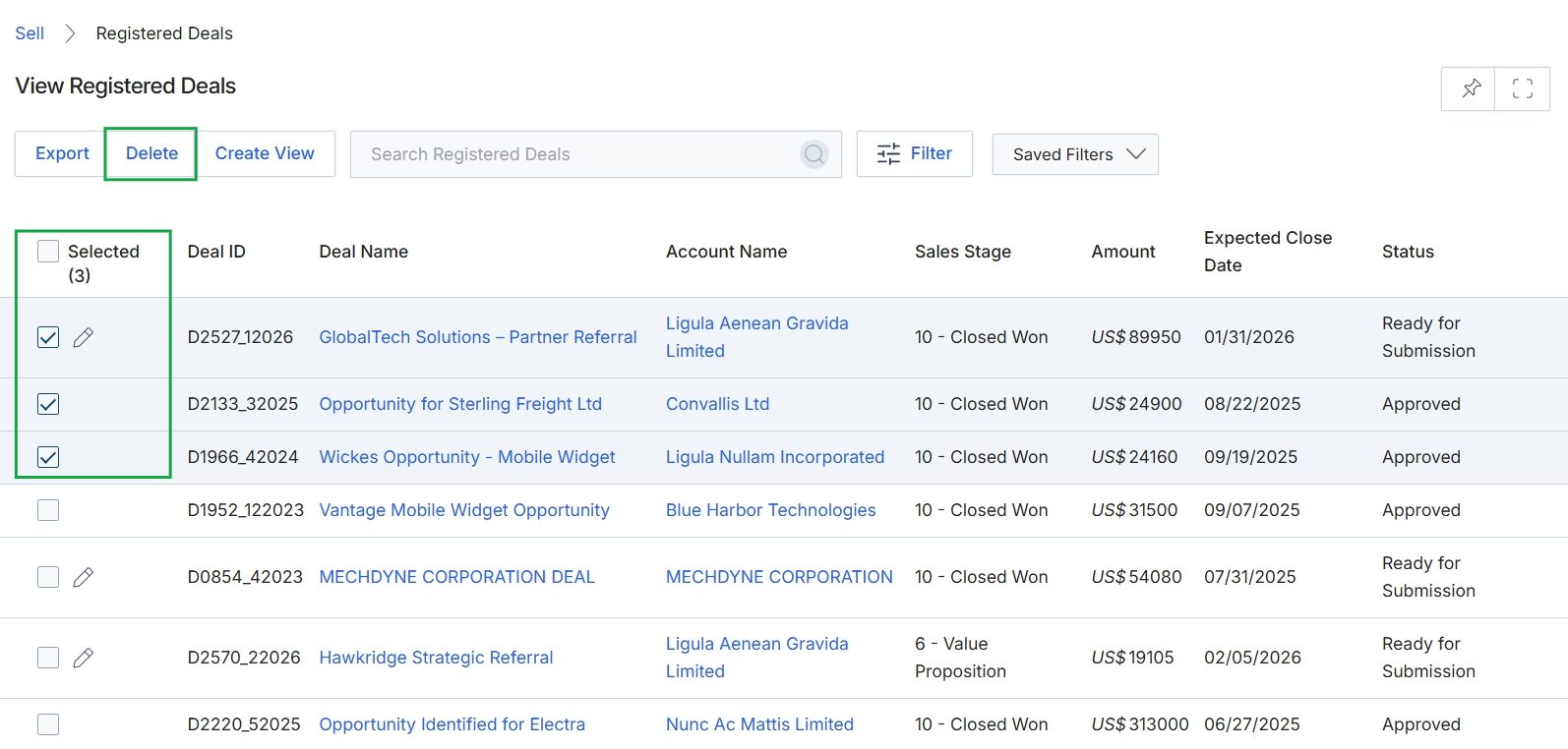 Registered deals list with bulk delete actions