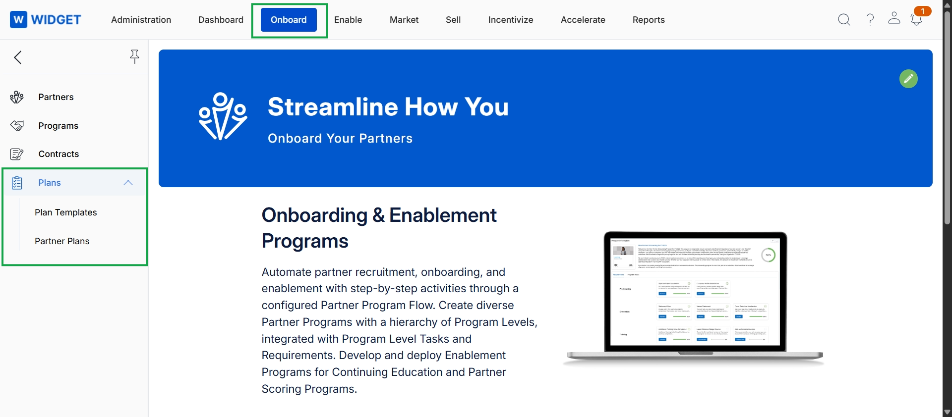 Onboard module landing page with Plans menu expanded