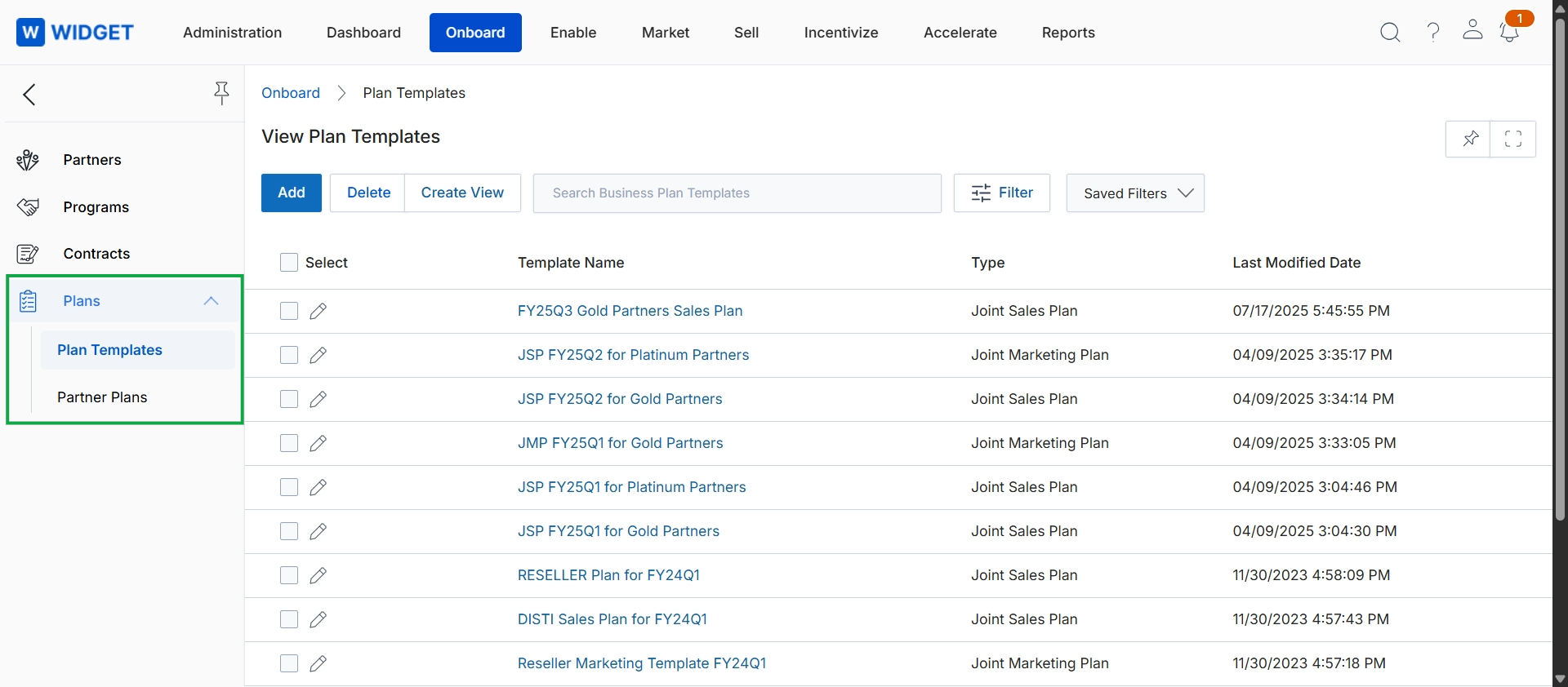 Business plan templates list view