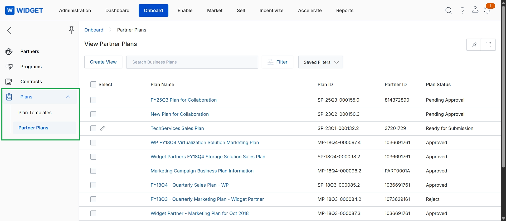 Partner business plans list view